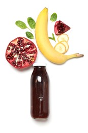 Photo of Superfood. Tasty smoothie in glass bottle and ingredients isolated on white, top view