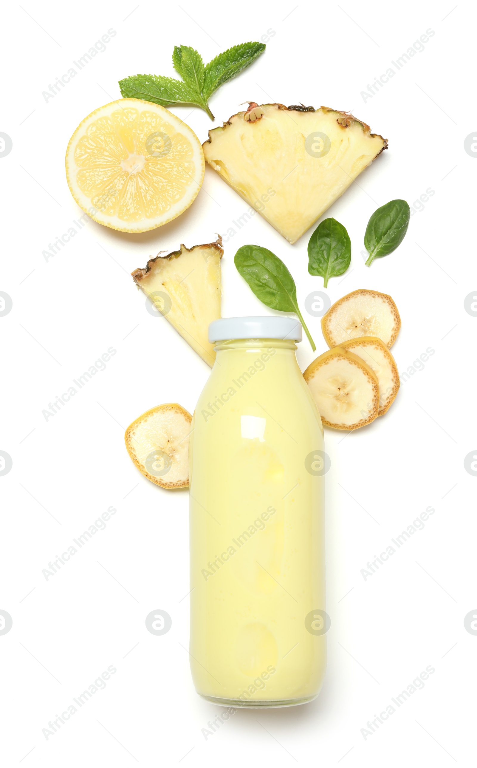 Photo of Superfood. Tasty smoothie in glass bottle and ingredients isolated on white, top view