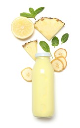 Photo of Superfood. Tasty smoothie in glass bottle and ingredients isolated on white, top view