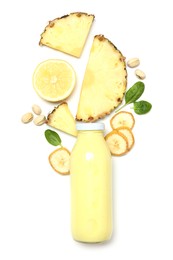 Photo of Superfood. Tasty smoothie in glass bottle and ingredients isolated on white, top view