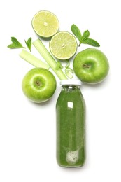 Photo of Superfood. Tasty smoothie in glass bottle and ingredients isolated on white, top view