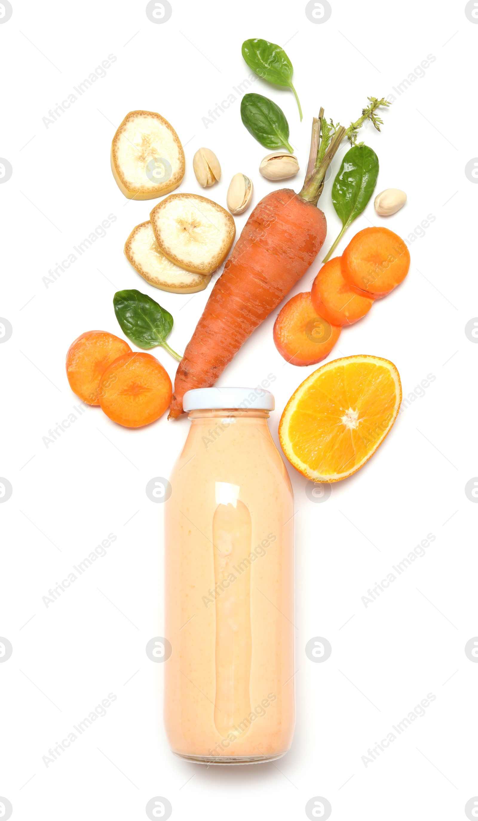 Superfood. Tasty smoothie in glass bottle and ingredients isolated on white, top view Photo of Superfood. Tasty smoothie in glass bottle and ingredients isolated on white, top view