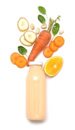 Photo of Superfood. Tasty smoothie in glass bottle and ingredients isolated on white, top view