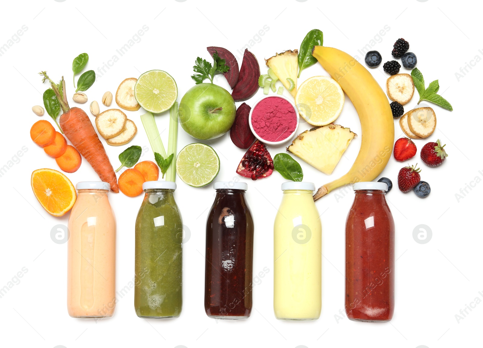Superfood. Tasty smoothie in glass bottle and ingredients isolated on white, top view Photo of Superfood. Tasty smoothie in glass bottle and ingredients isolated on white, top view