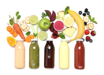 Photo of Superfood. Tasty smoothie in glass bottle and ingredients isolated on white, top view