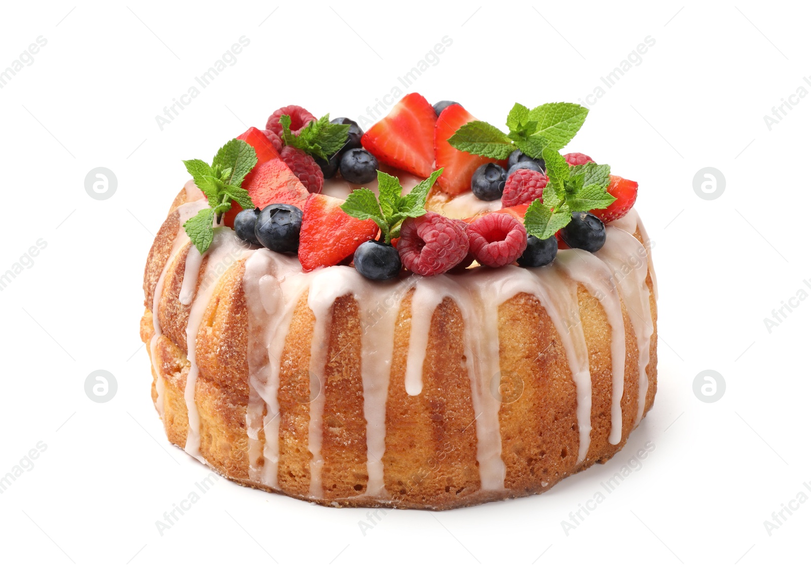 Photo of Delicious bundt cake with berries, glaze and mint isolated on white