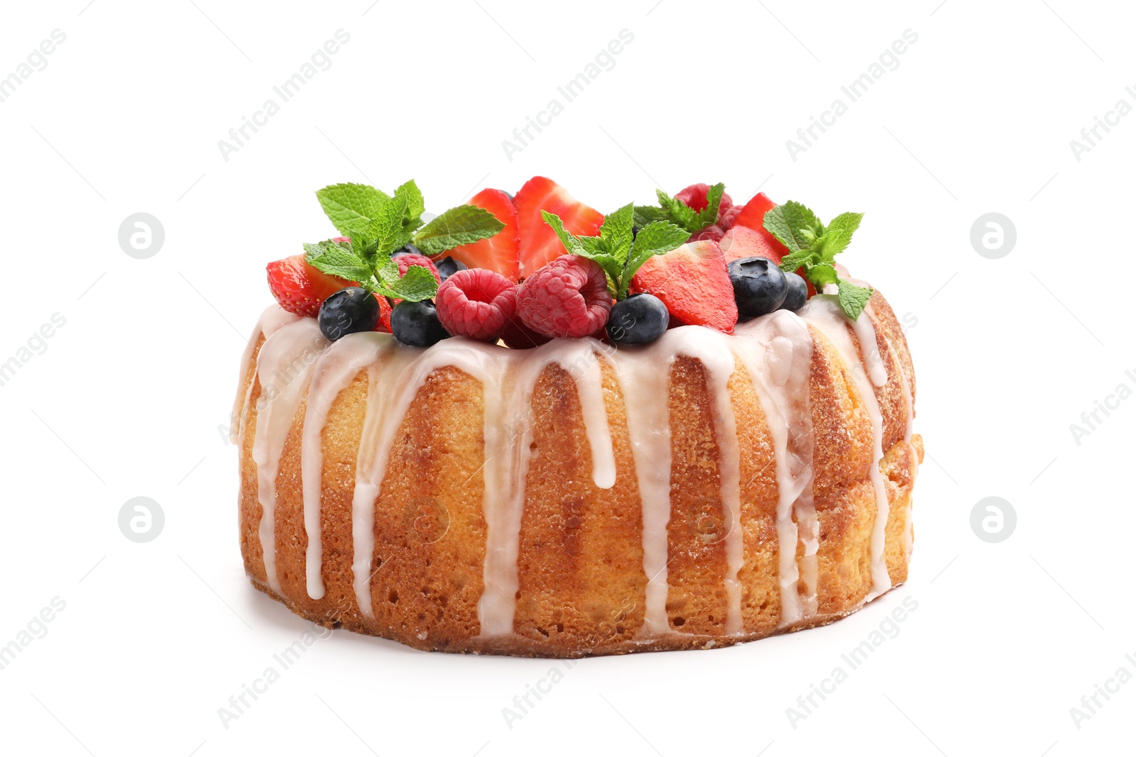 Photo of Delicious bundt cake with berries, glaze and mint isolated on white