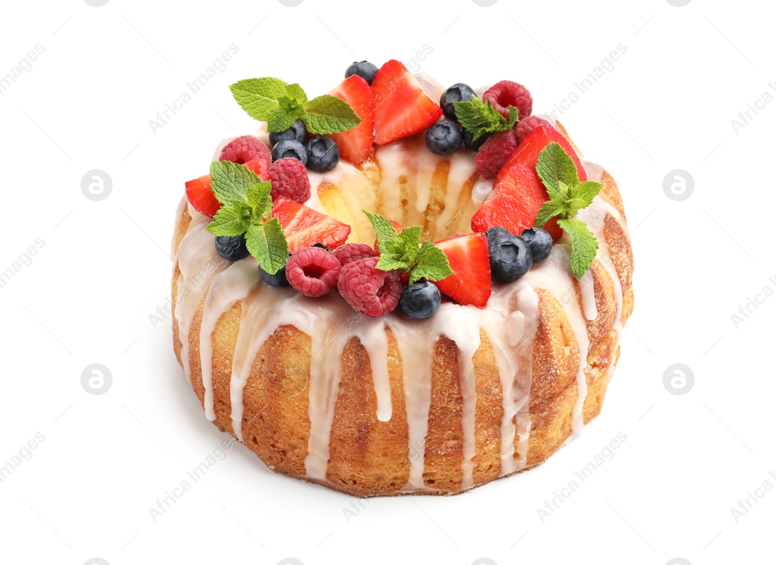 Delicious bundt cake with berries, glaze and mint isolated on white Photo of Delicious bundt cake with berries, glaze and mint isolated on white