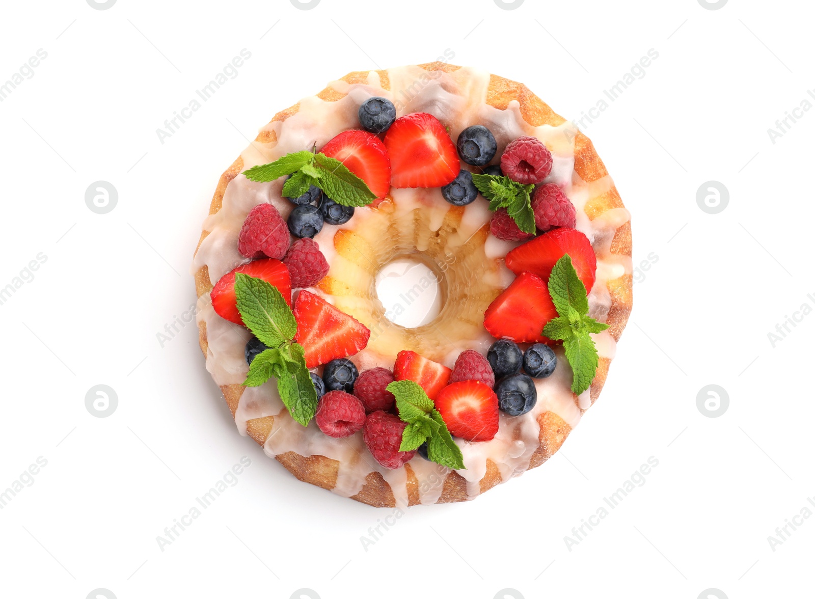 Photo of Delicious bundt cake with berries, glaze and mint isolated on white, top view