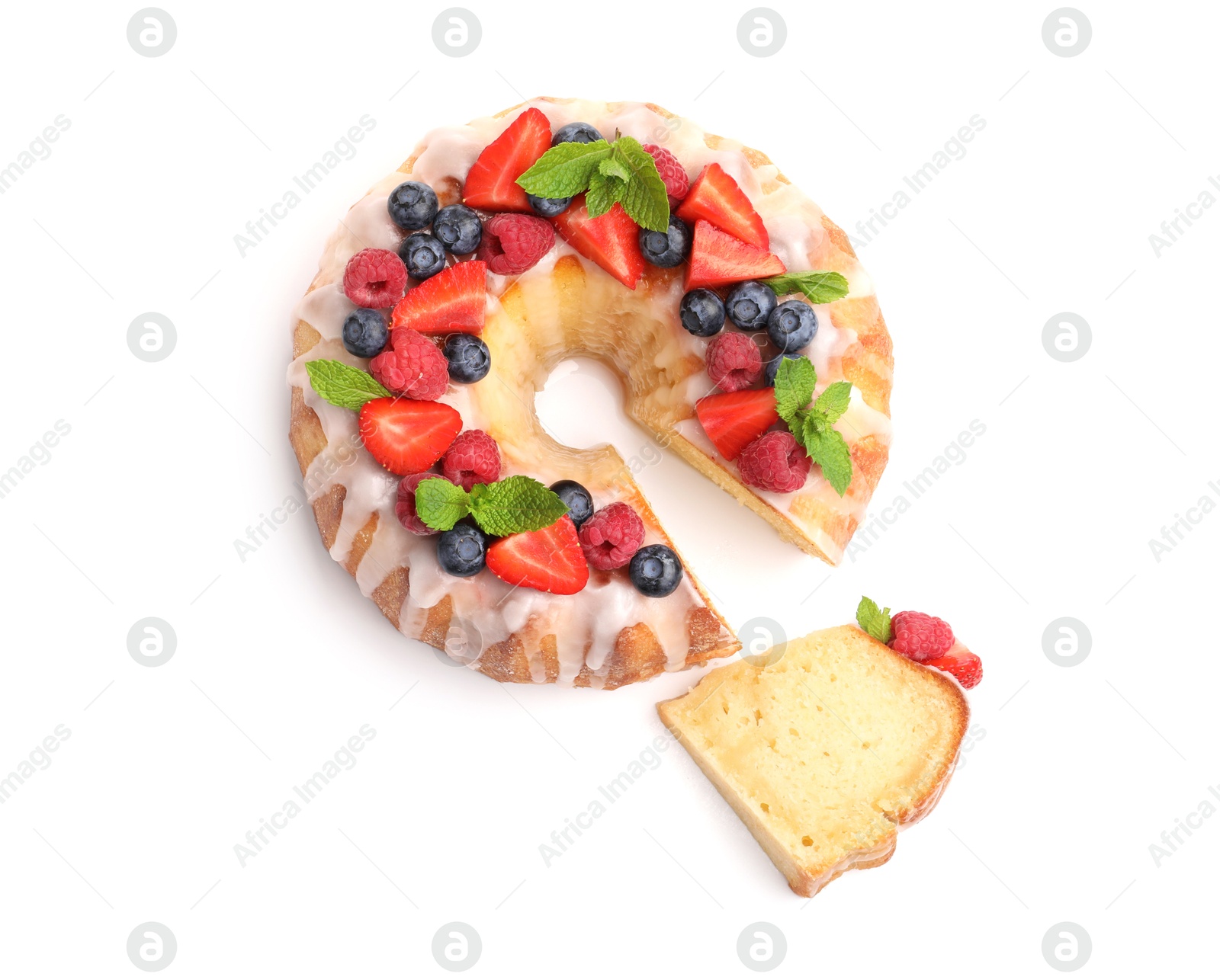 Delicious bundt cake with berries, glaze and mint isolated on white, top view Photo of Delicious bundt cake with berries, glaze and mint isolated on white, top view