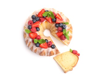 Photo of Delicious bundt cake with berries, glaze and mint isolated on white, top view