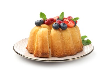 Photo of Tasty Bundt cake with berries and mint isolated on white