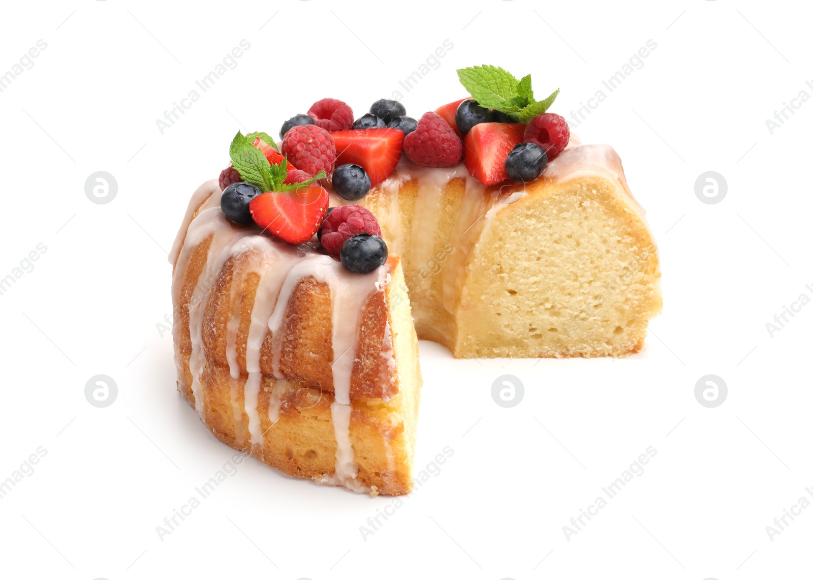 Piece of delicious bundt cake with berries, glaze and mint isolated on white Photo of Piece of delicious bundt cake with berries, glaze and mint isolated on white