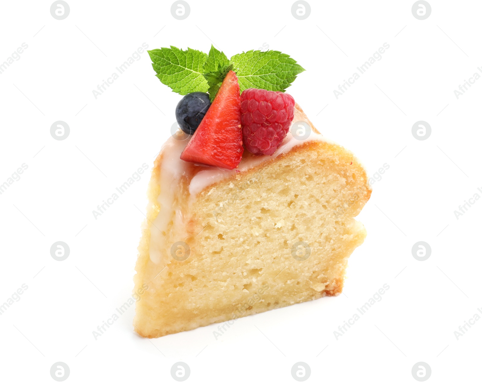 Piece of delicious bundt cake with berries, glaze and mint isolated on white Photo of Piece of delicious bundt cake with berries, glaze and mint isolated on white