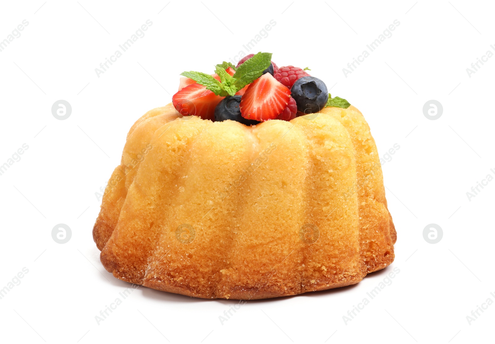 Photo of Delicious bundt cake with berries and mint isolated on white