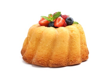 Photo of Delicious bundt cake with berries and mint isolated on white