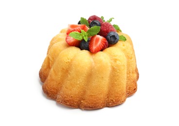 Photo of Delicious bundt cake with berries and mint isolated on white