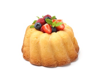 Photo of Delicious bundt cake with berries and mint isolated on white