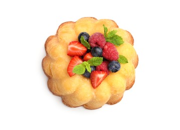 Photo of Delicious bundt cake with berries and mint isolated on white, top view