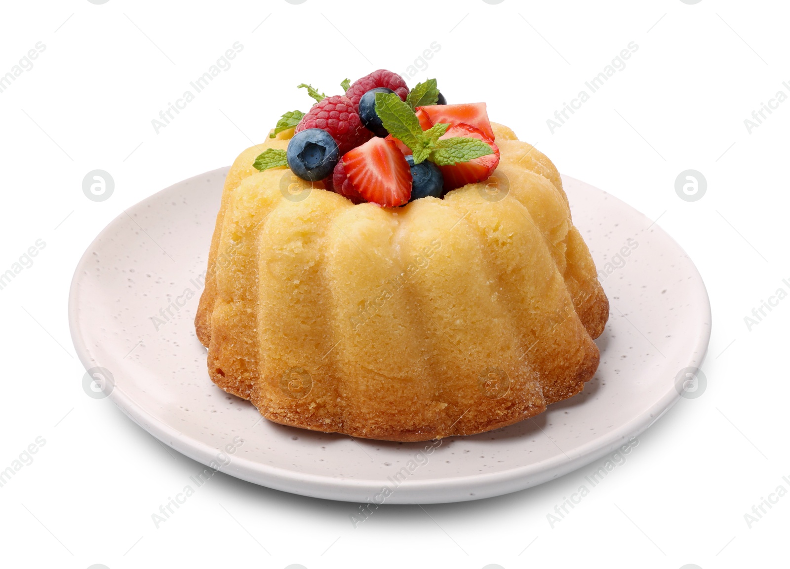 Photo of Delicious bundt cake with berries and mint isolated on white