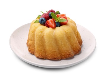 Photo of Delicious bundt cake with berries and mint isolated on white
