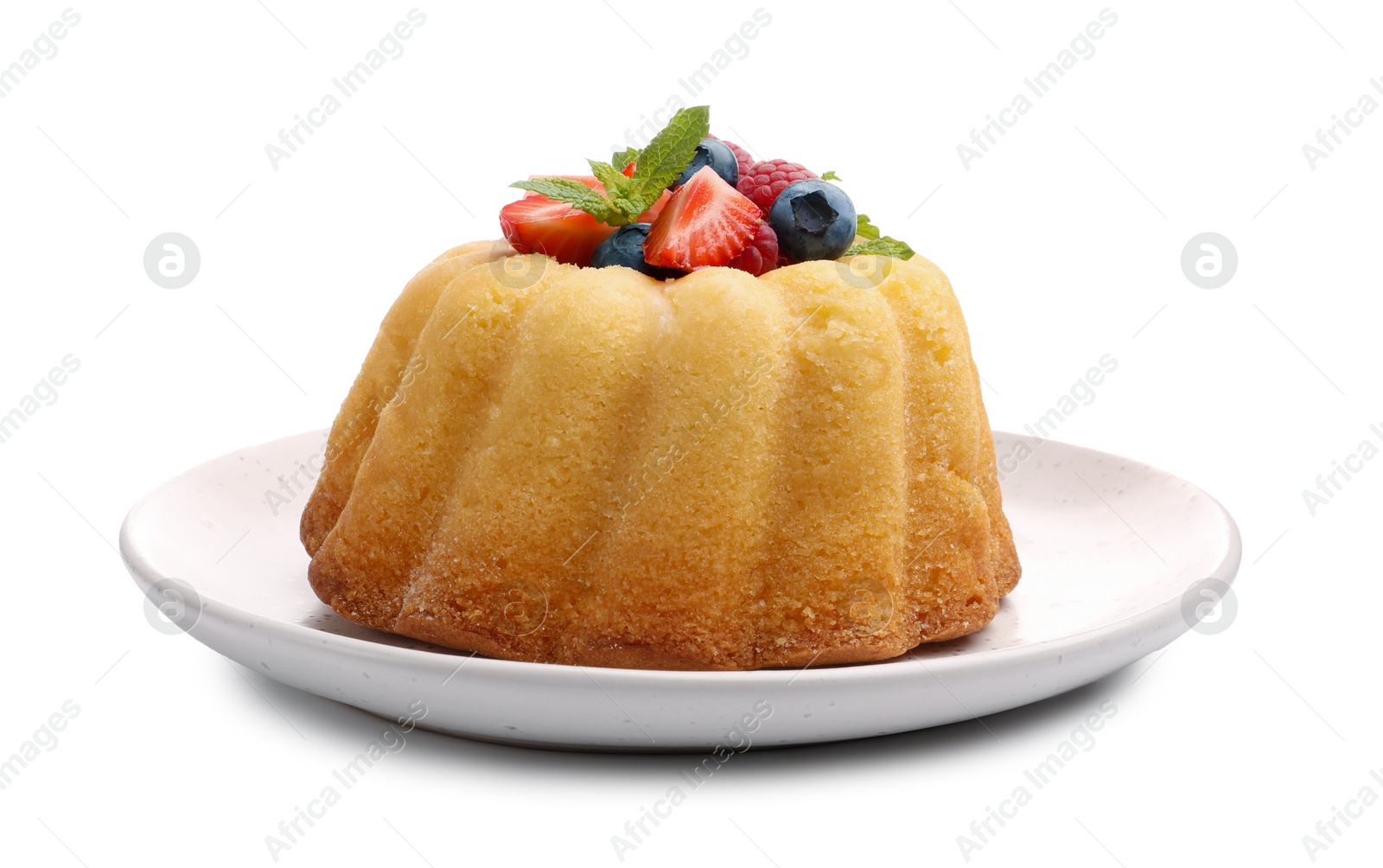 Photo of Delicious bundt cake with berries and mint isolated on white
