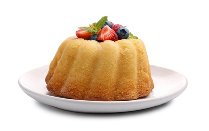 Photo of Delicious bundt cake with berries and mint isolated on white