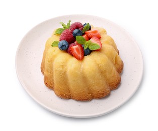 Photo of Delicious bundt cake with berries and mint isolated on white