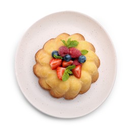Photo of Delicious bundt cake with berries and mint isolated on white, top view