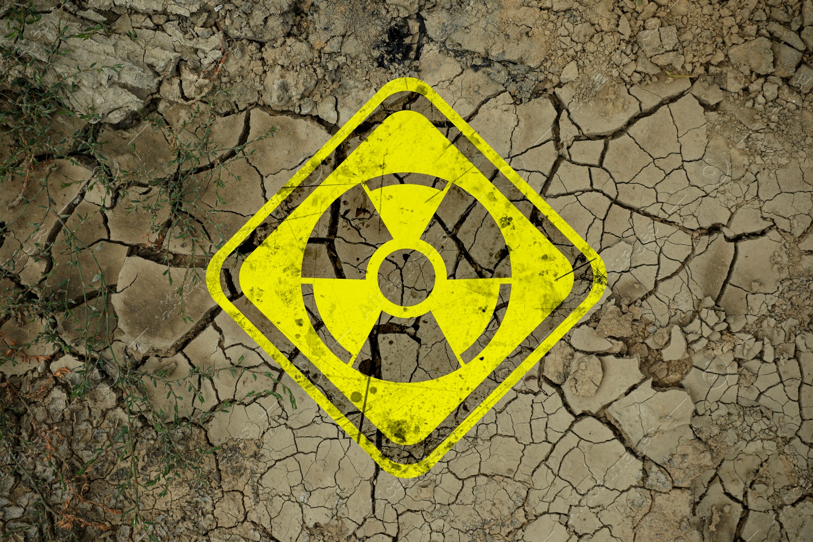 Image of Yellow radioactive sign on cracked dry earth, top view. Radiological pollution