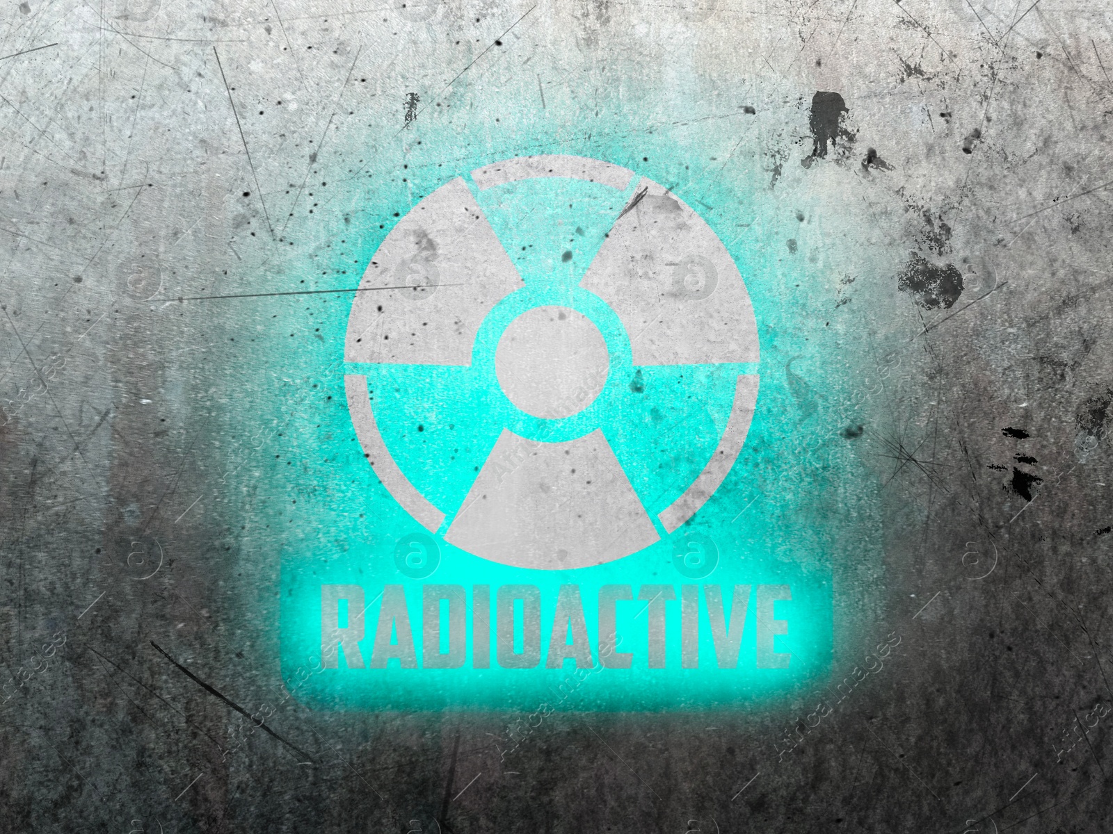Image of Radioactive sign on grey textured surface. Radiological pollution