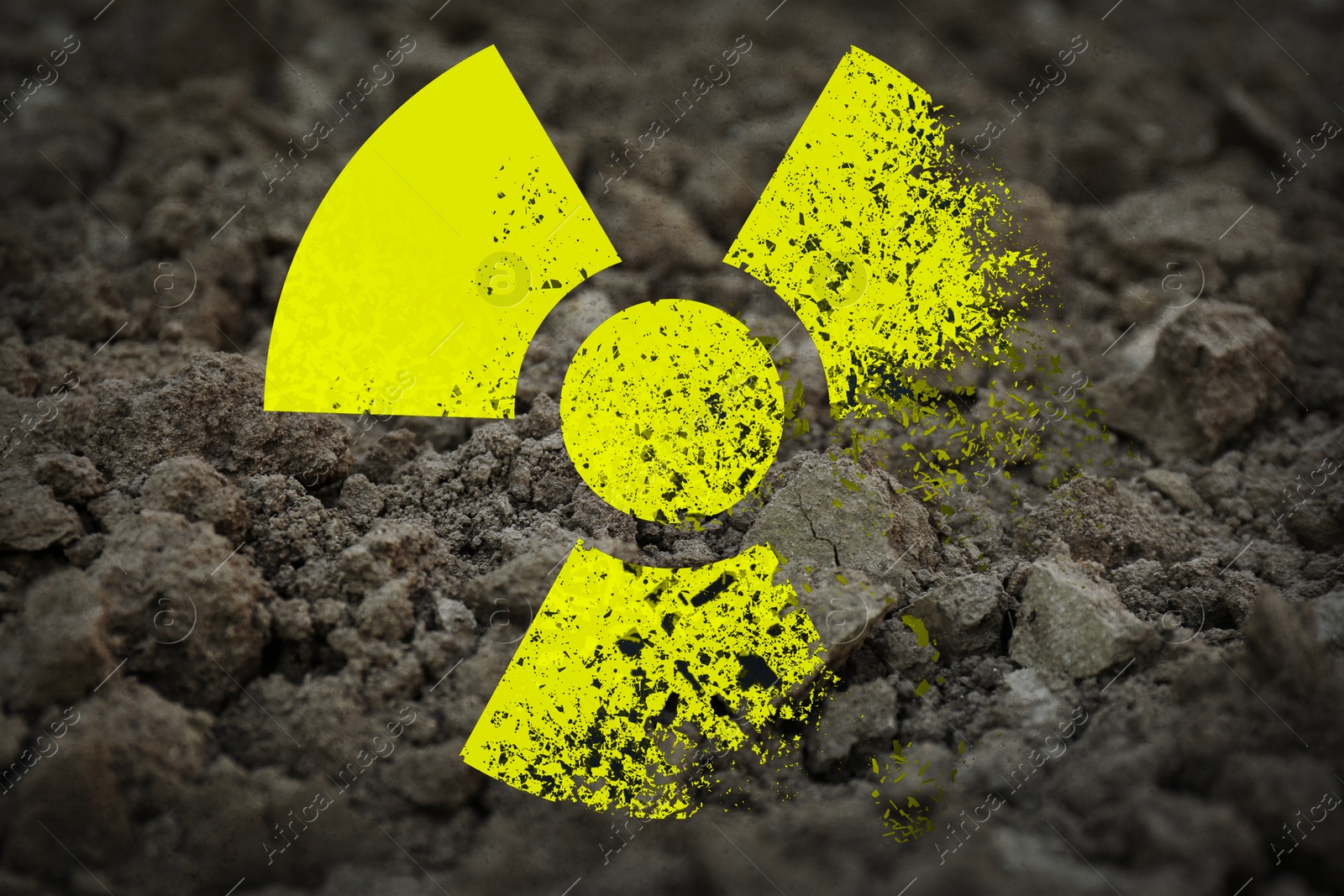 Yellow radioactive sign on soil, closeup. Radiological pollution Image of Yellow radioactive sign on soil, closeup. Radiological pollution