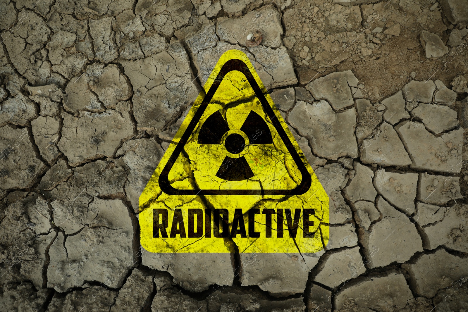Image of Yellow radioactive sign on cracked dry earth, top view. Radiological pollution