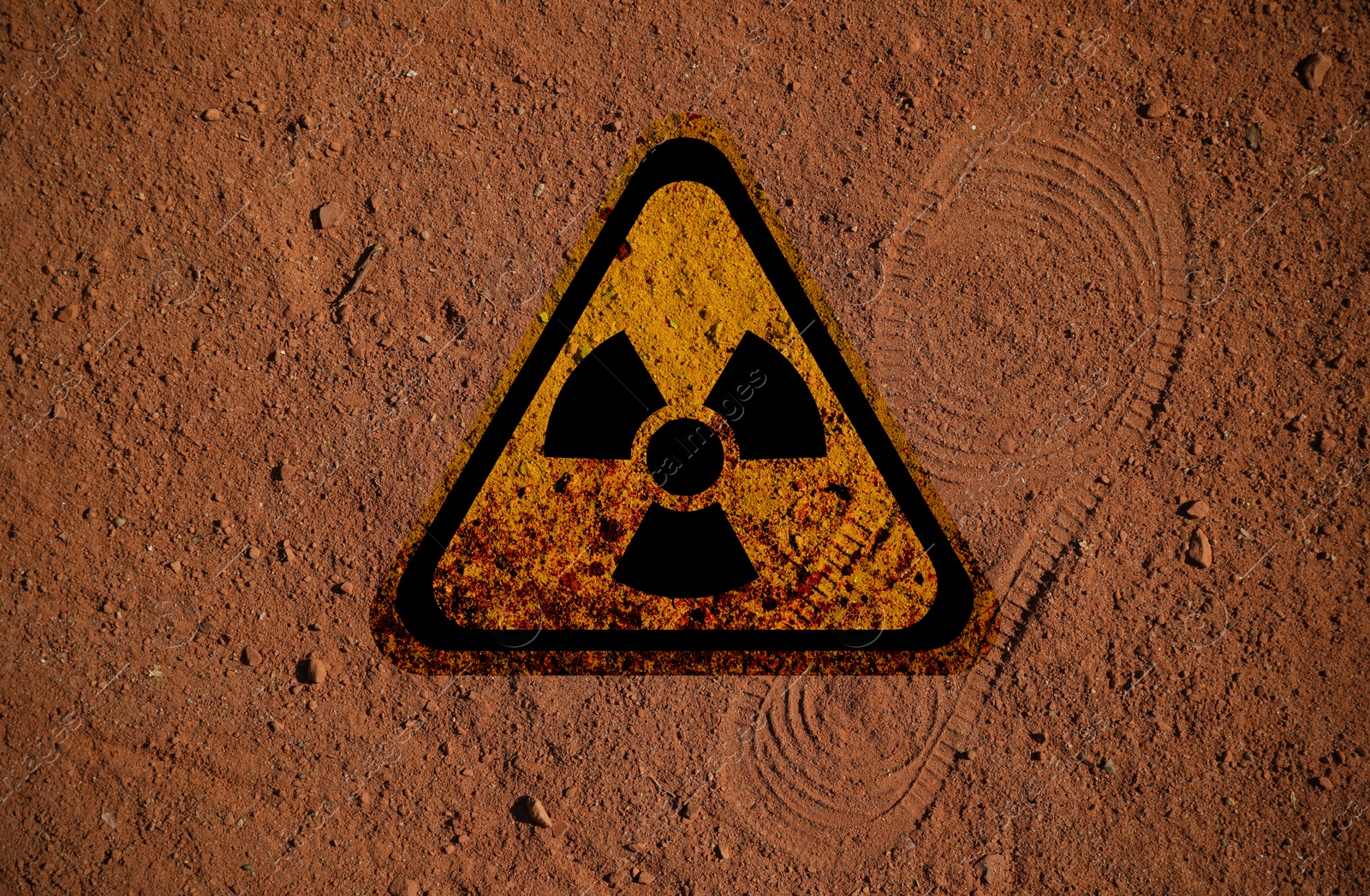 Radioactive sign on brown ground with shoes track, top view. Radiological pollution Image of Radioactive sign on brown ground with shoes track, top view. Radiological pollution