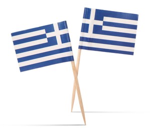 Image of Small paper flags of Greece on white background
