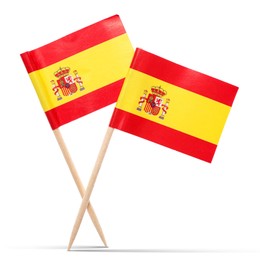 Image of Small paper flags of Spain on white background