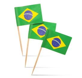 Image of Small paper flags of Brazil on white background