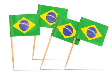 Image of Small paper flags of Brazil on white background