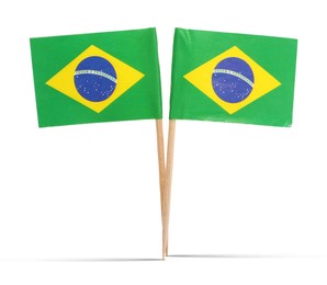 Image of Small paper flags of Brazil on white background