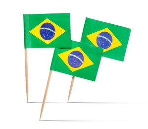 Image of Small paper flags of Brazil on white background