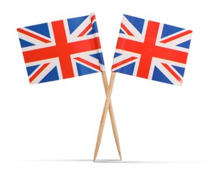 Image of Small paper flags of United Kingdom on white background
