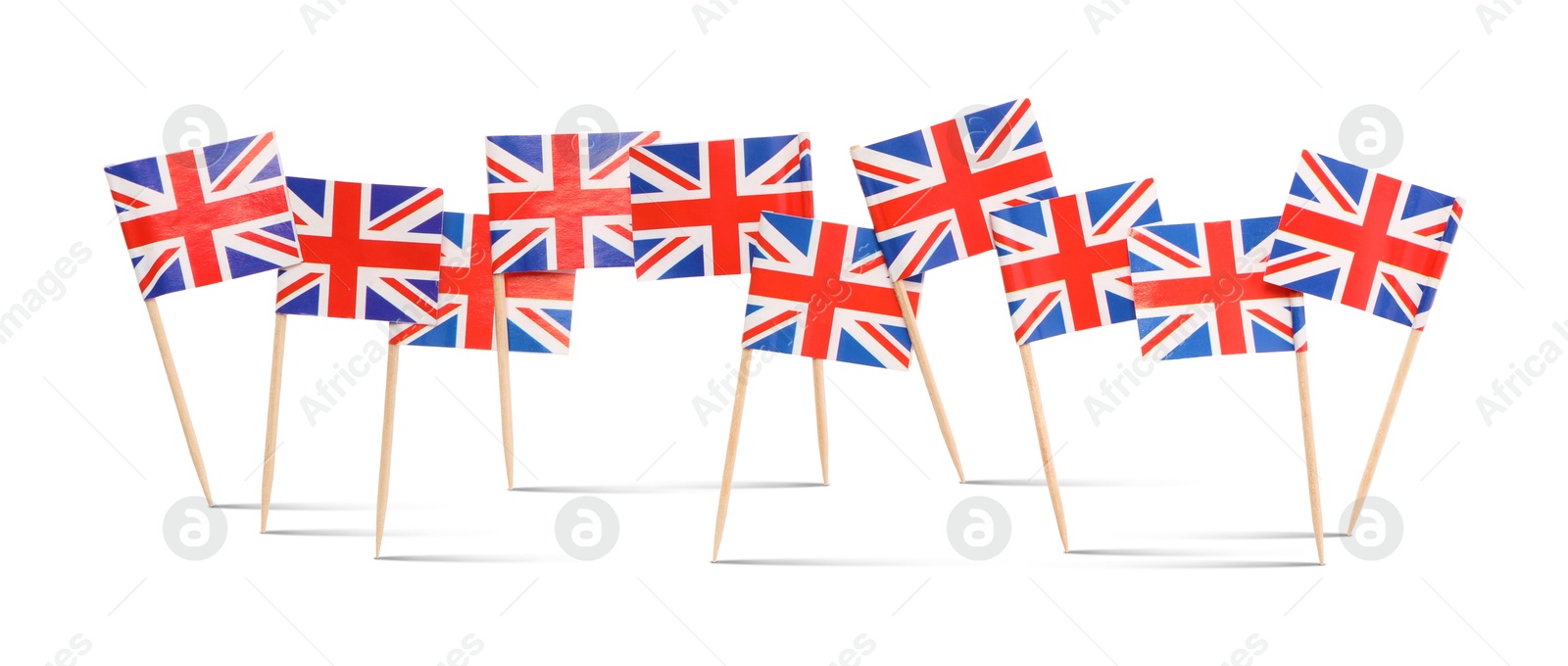 Image of Small paper flags of United Kingdom on white background