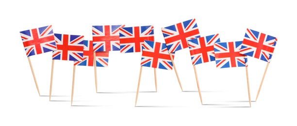 Image of Small paper flags of United Kingdom on white background