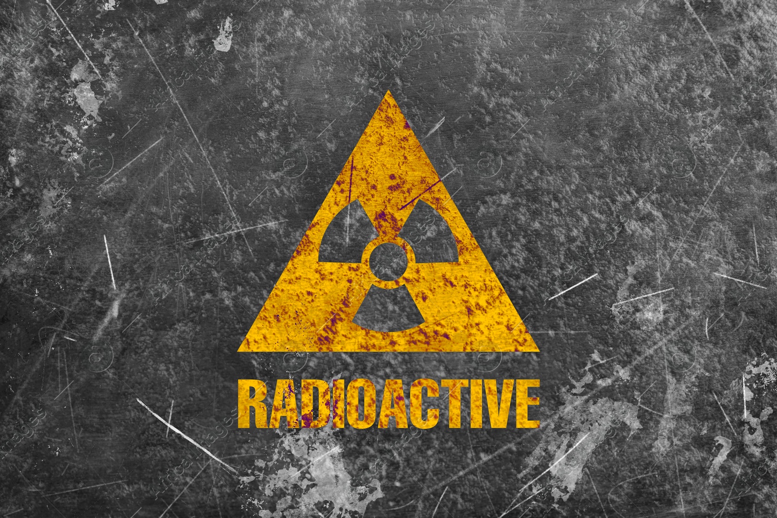 Radioactive sign on grey textured surface. Radiological pollution Image of Radioactive sign on grey textured surface. Radiological pollution