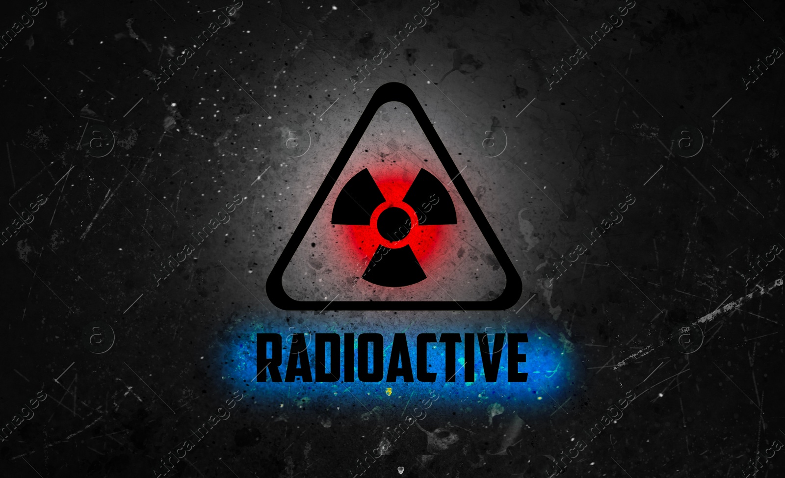 Image of Radioactive sign on black textured surface. Radiological pollution