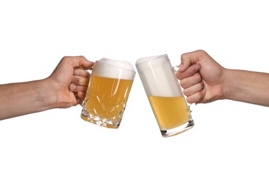 Image of Men clinking their glasses of beer together against white background
