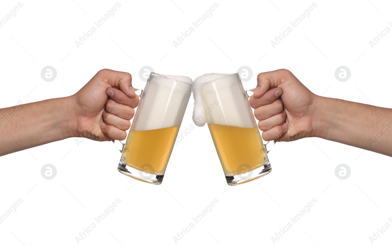 Men clinking their glasses of beer together against white background Image of Men clinking their glasses of beer together against white background