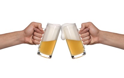 Image of Men clinking their glasses of beer together against white background