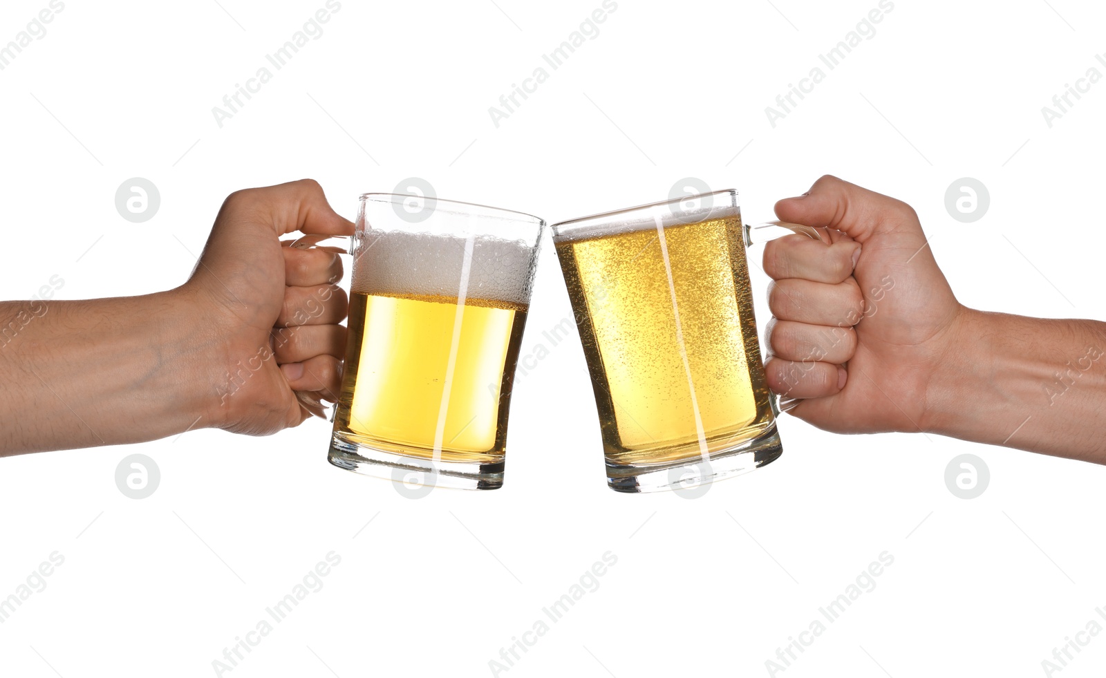 Men clinking their glasses of beer together against white background Image of Men clinking their glasses of beer together against white background