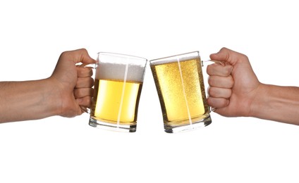 Image of Men clinking their glasses of beer together against white background